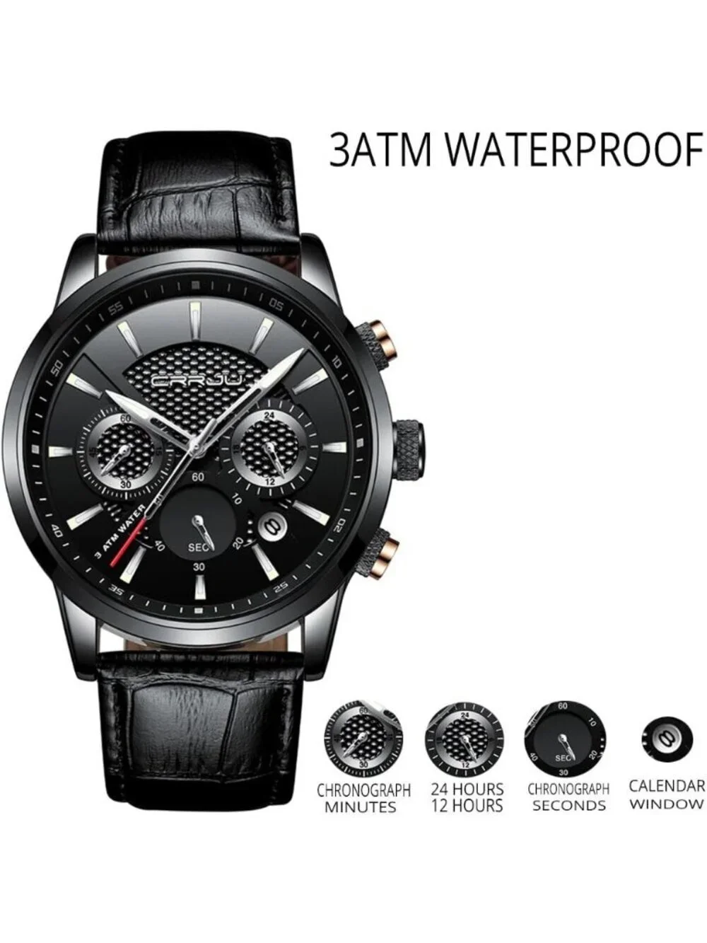 Men's All Black Leather Strap Casual Chronograph Quartz Waterproof Wrist Watch